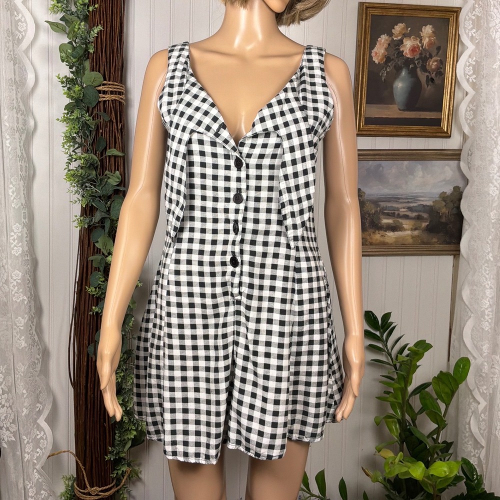 Copper Key Romper Medium Black White Gingham Vintage Button Front